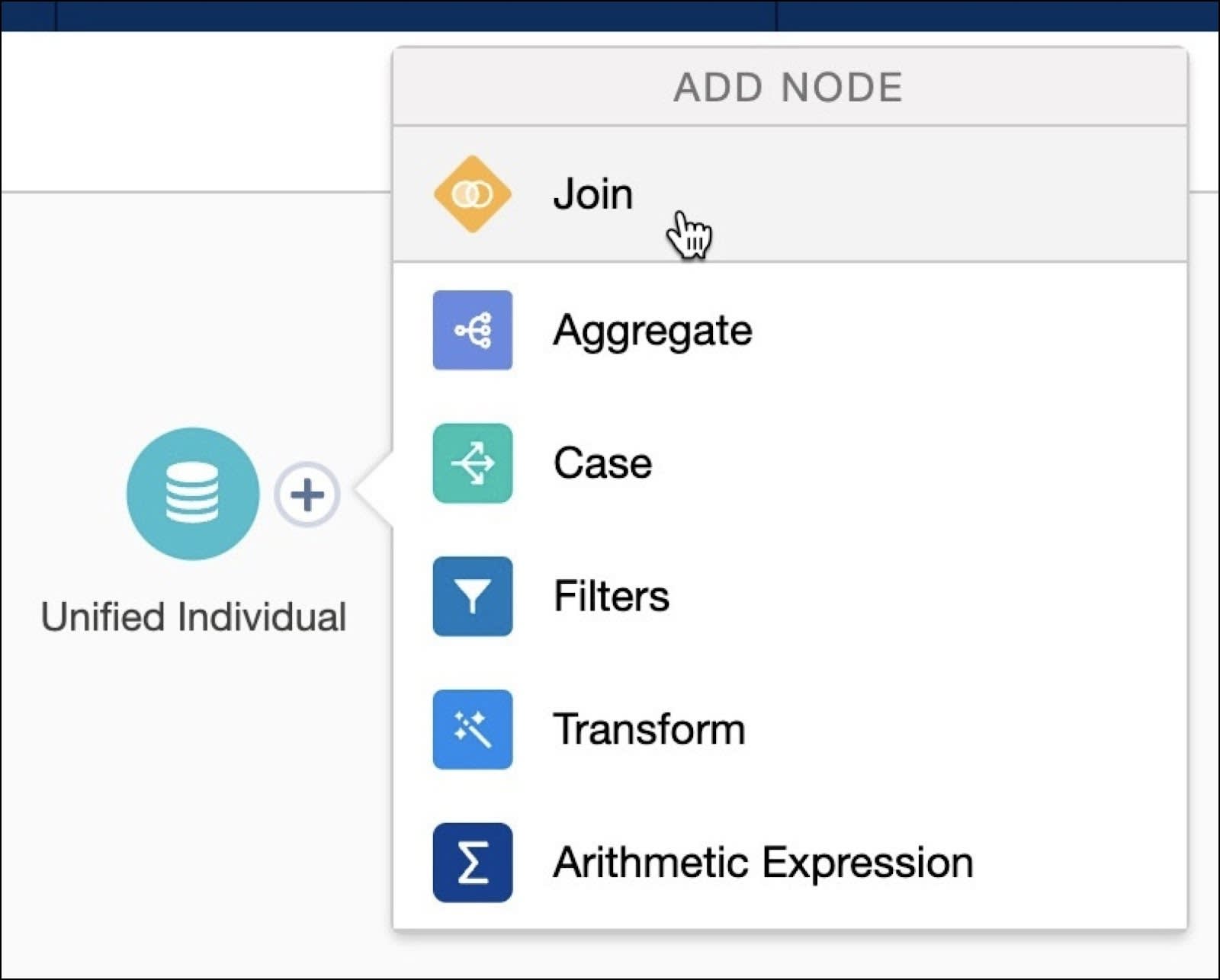 Calculated Insights Builder with Unified Individual showing Add Node opened with the Join, Aggregate, Case, Filters, Transform, and Arithmetic Expression options.