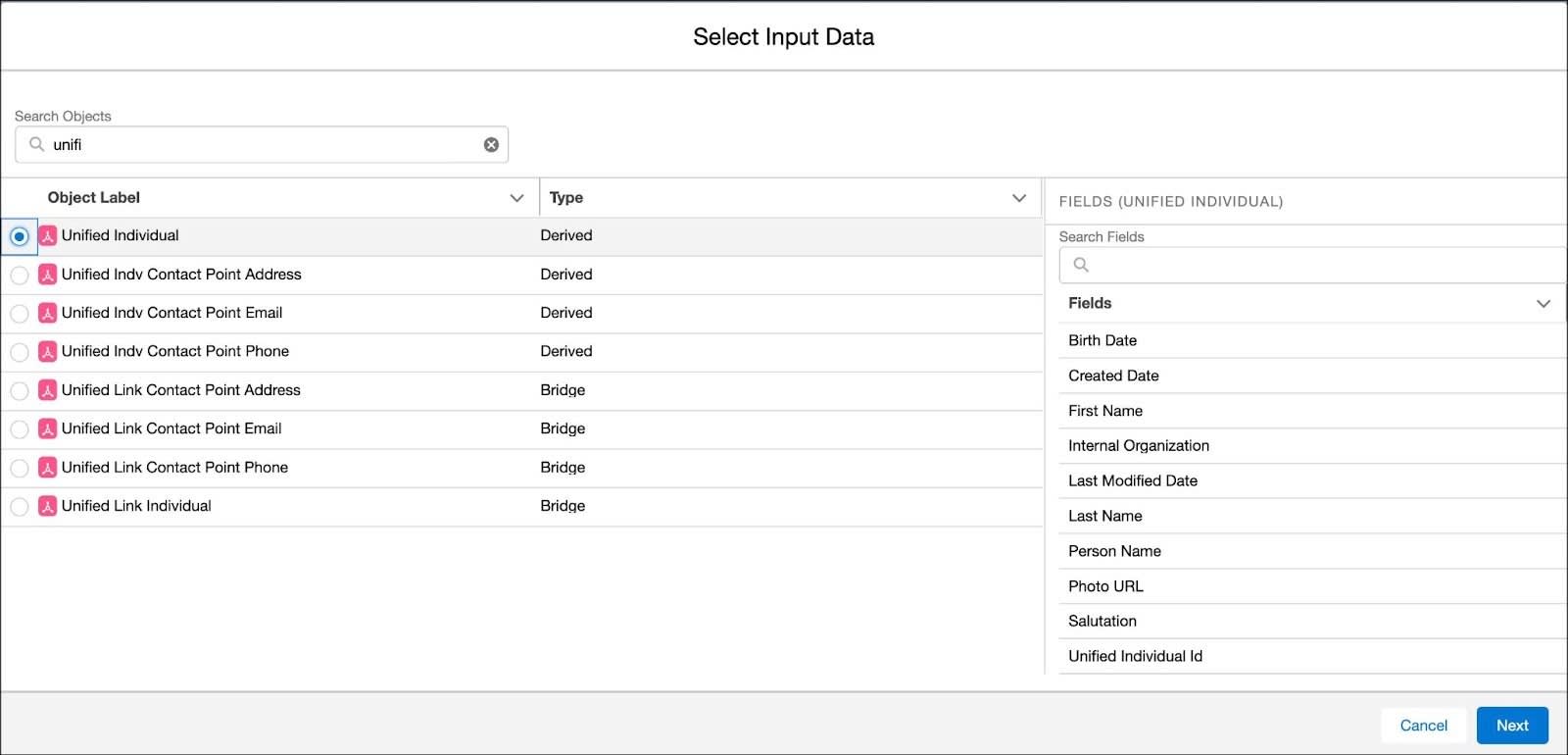 Select Input Data window with Individual selected.