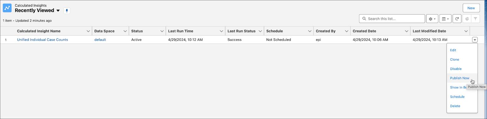Publish Now selected from the Calculated insight tab.