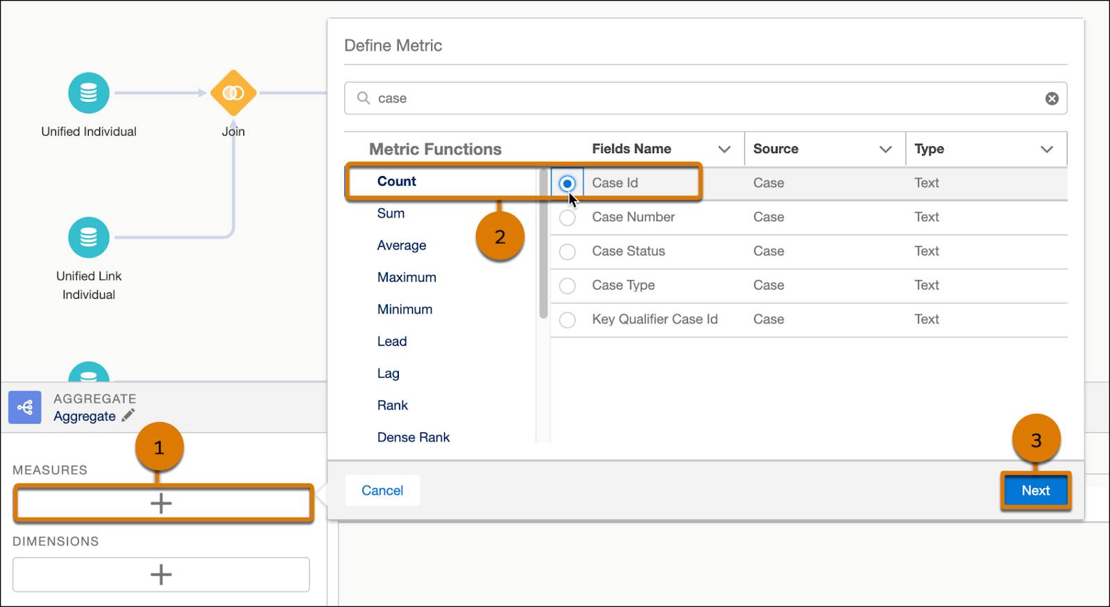 The measures button identified, the metric function count identified, as well as the Next button.