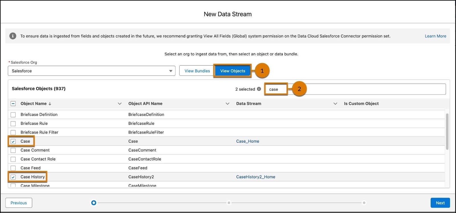 New Data Stream window with Case and Case History selected.