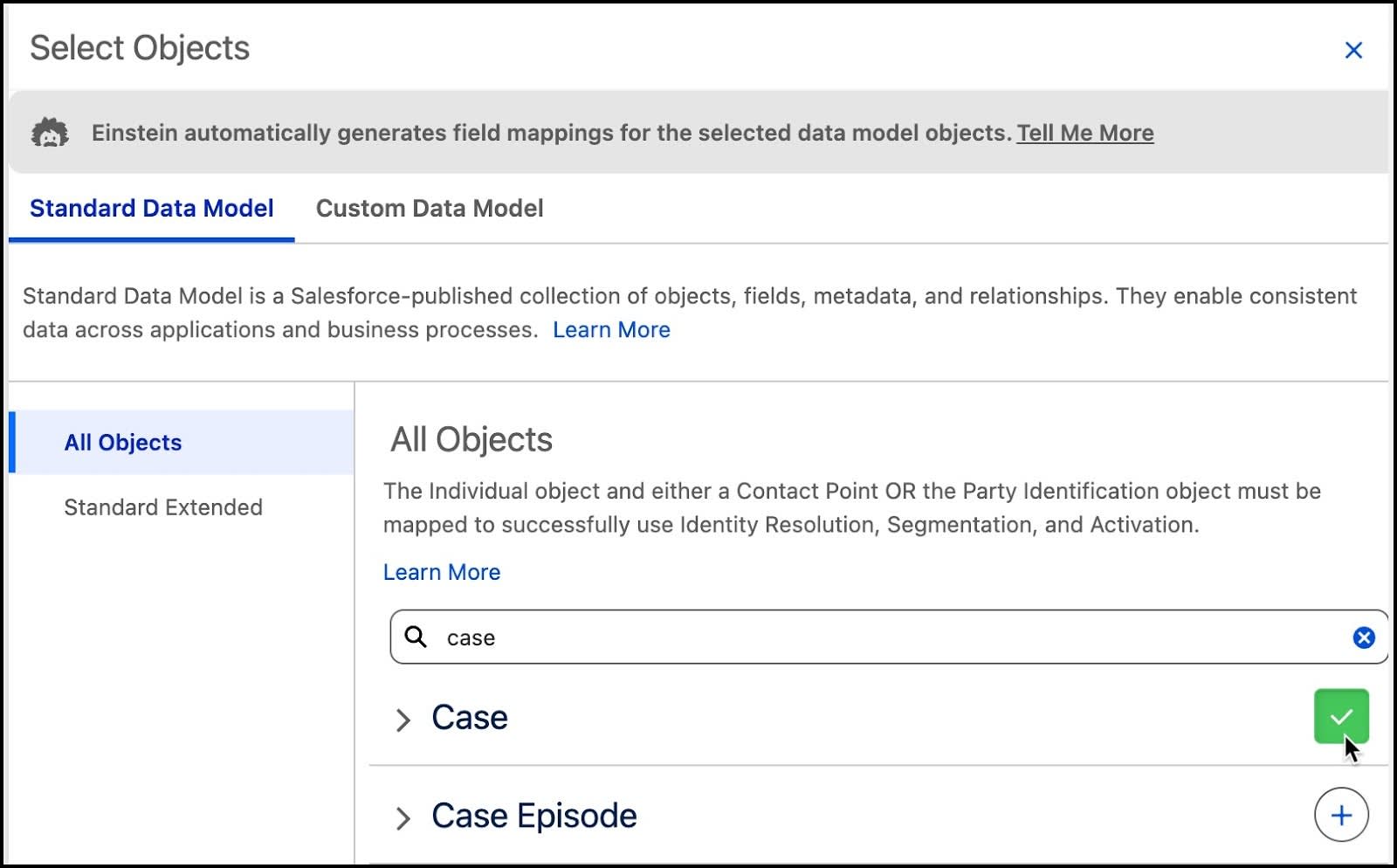 Map Case objects by clicking the plus button to automatically map some fields. It becomes a green checkmark when selected.