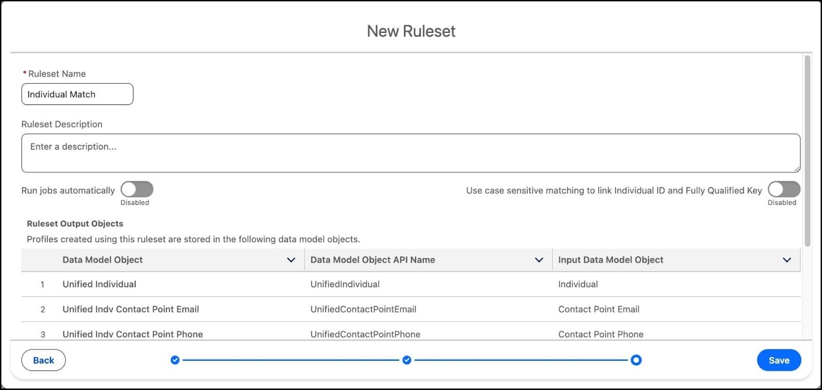 Create a new ruleset name, description, and establish whether or not it will run automatically.