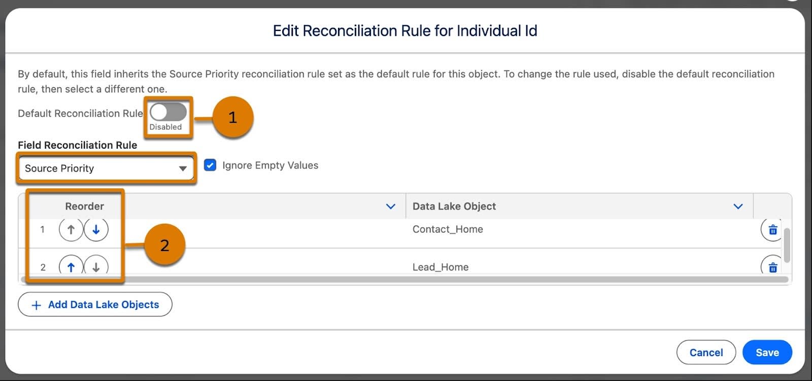 Screenshot of the appropriate setup of the Field Reconciliation Rule.