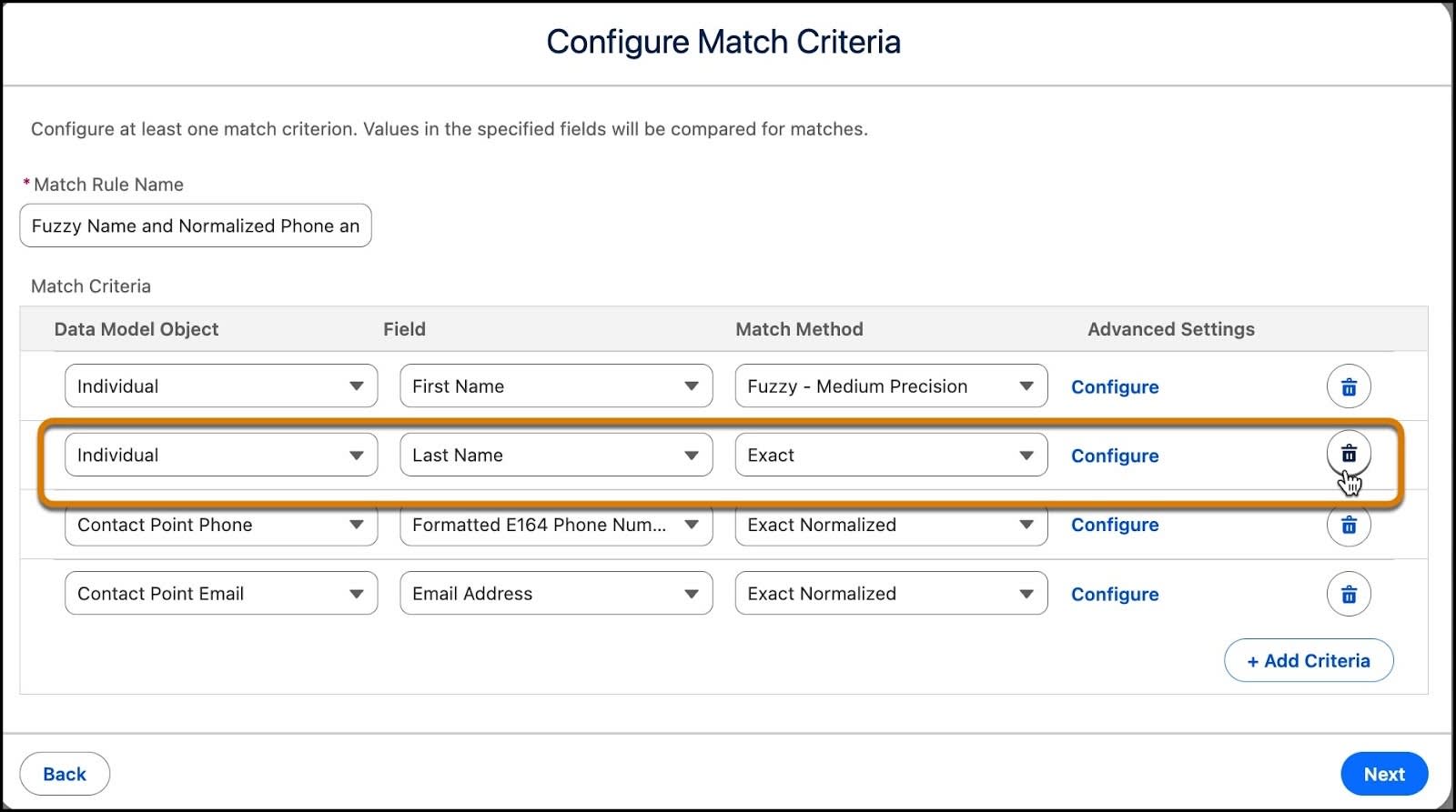 Select trashcan for the Last Name row.