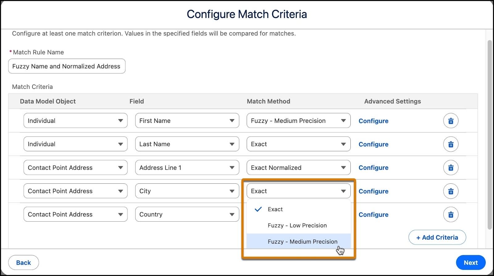 Selection of Fuzzy- Medium Precision from the match method dropdown for city.