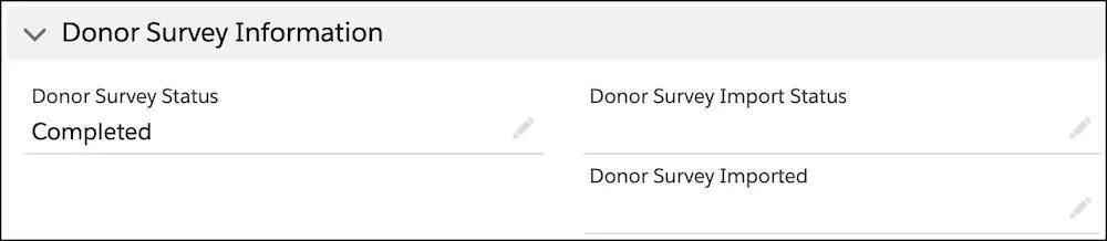 The Donor Survey Information area on Silas Stetson’s NPSP Data Importer record