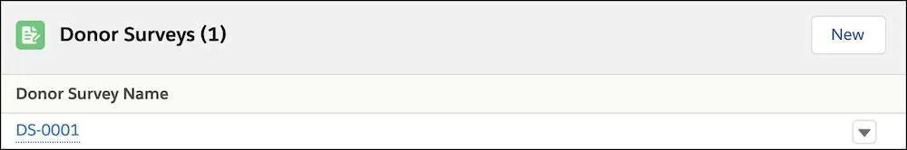 La liste associée Donor Surveys (Enquêtes auprès des donateurs) au sein d’un enregistrement de contact