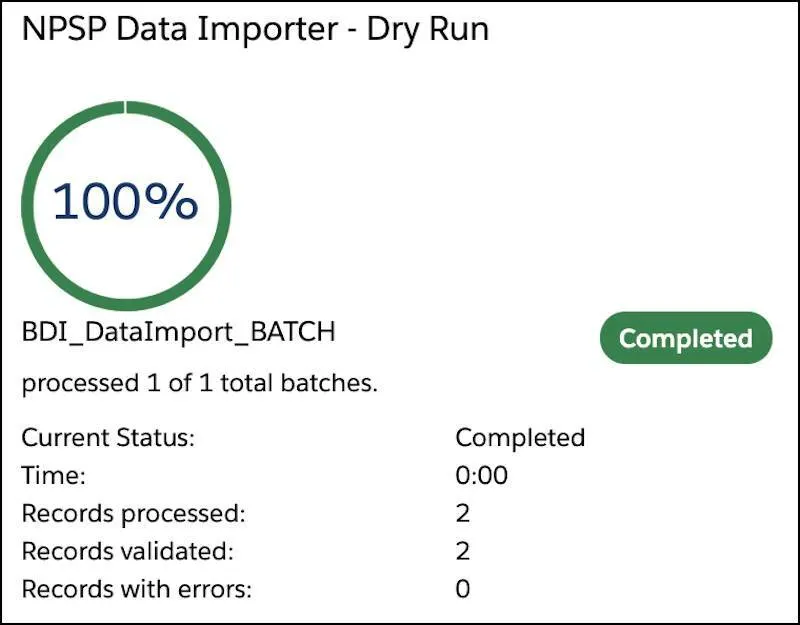 Résultats indiqués dans la section NPSP Data Importer - Dry Run (Importateur de données NPSP - Essai)