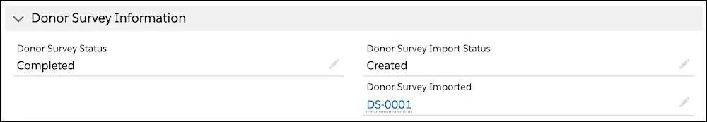 La zone Donor Survey Information (Informations sur l’enquête auprès des donateurs) sur l’enregistrement NPSP Data Import (Importation de données NPSP) de Silas Stetson