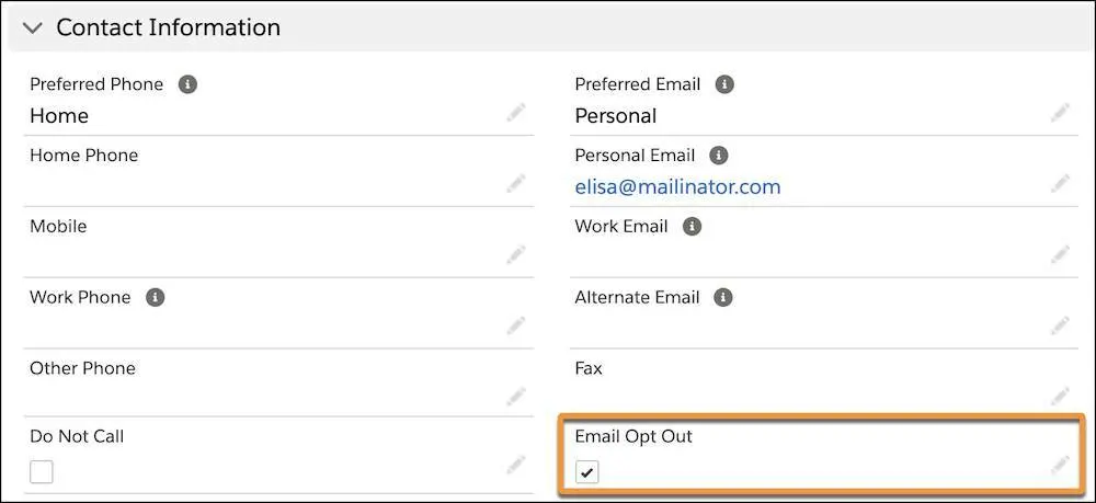 The Contact Information area on Elisa Harmon’s contact record