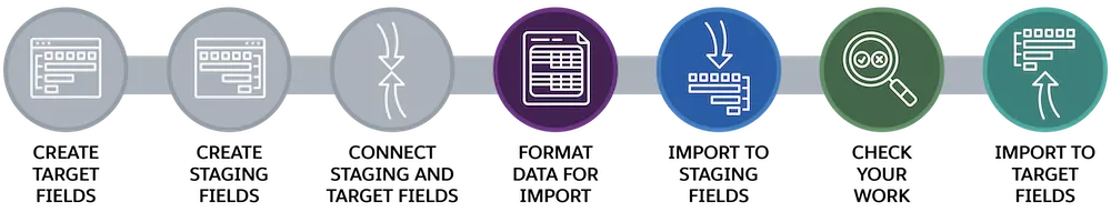 A process map with format data for import, import to staging fields, check your work, and import to target fields