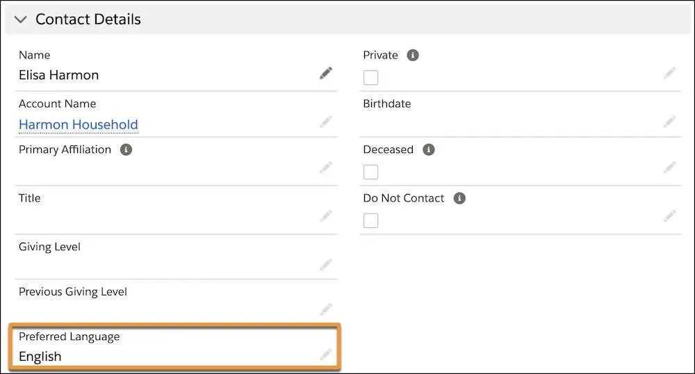 The Contact Details area on Elisa Harmon’s contact record