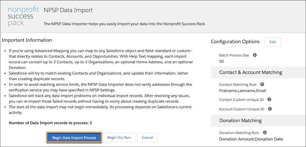 The Begin Data Import Process button