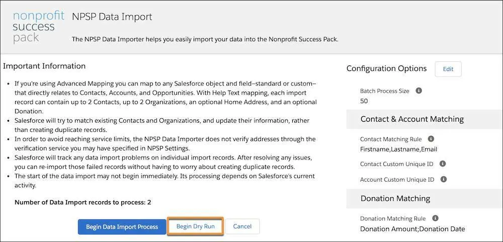 The Begin Dry Run button on the NPSP Data Import page