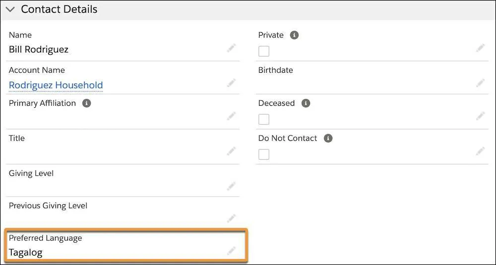 La section Contact Details (Détails du contact) de l’enregistrement de Bill Rodriguez