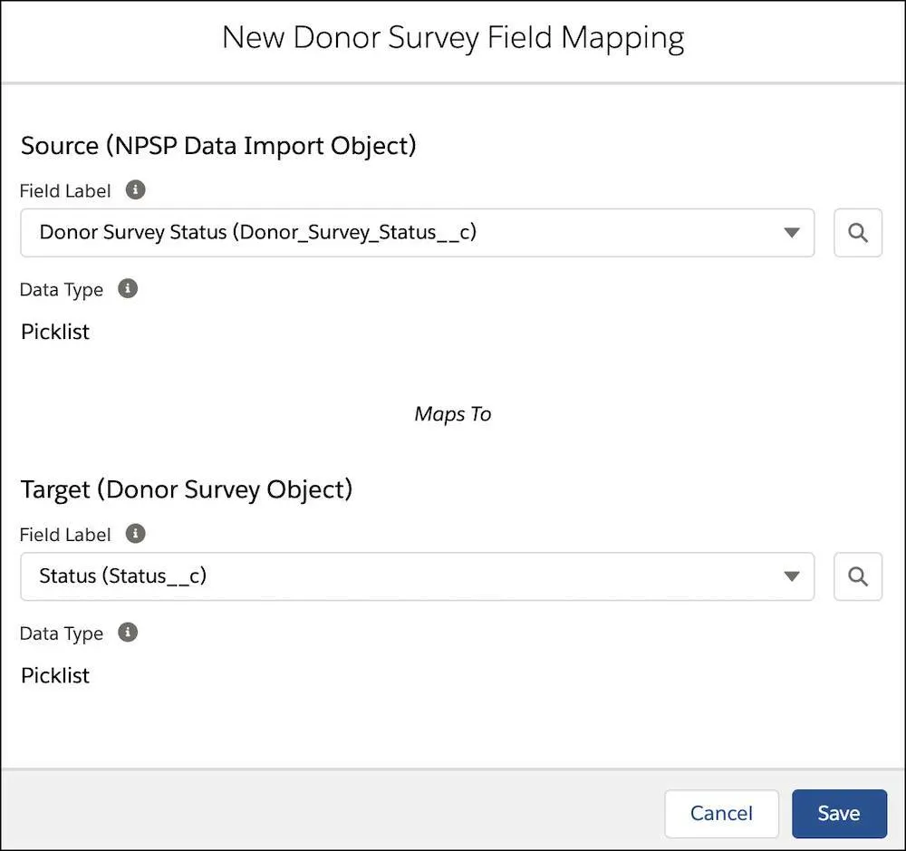 The New Donor Survey Field Mapping interface for the Donor Survey Status field