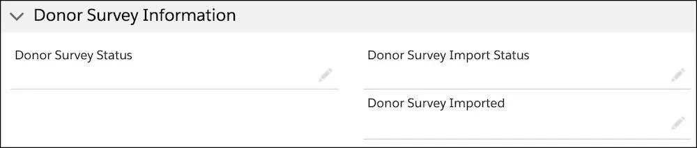 La section Donor Survey Information (Informations sur l’enquête auprès des donateurs) dans un enregistrement NPSP Data Import (Importation de données NPSP)