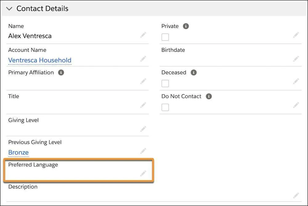 The Preferred Language field on a contact record