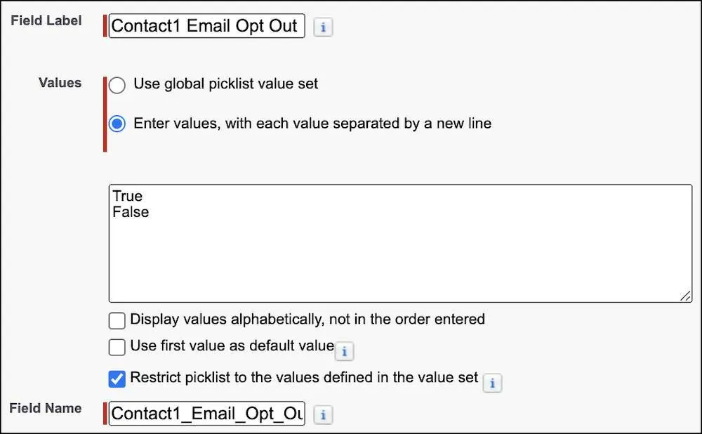 The Contact1 Email Opt Out field label, values, and field name in the setup workflow