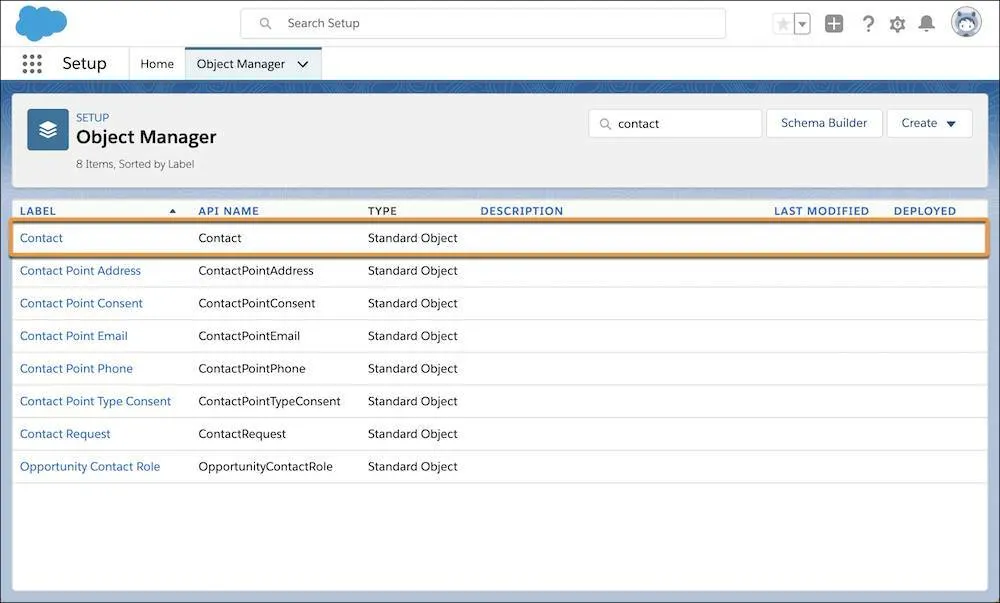 The contact label in the Object Manager