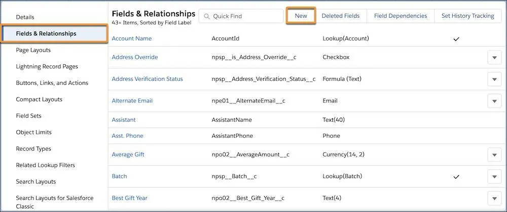 The Fields & Relationships list on the contact object