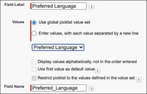 The preferred language label and values in setup