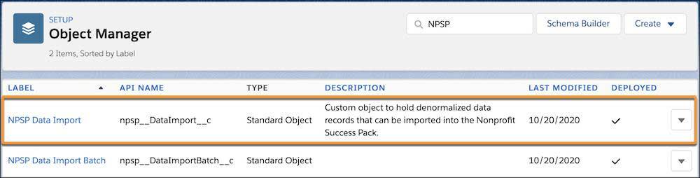 The NPSP Data Import object in the Object Manager