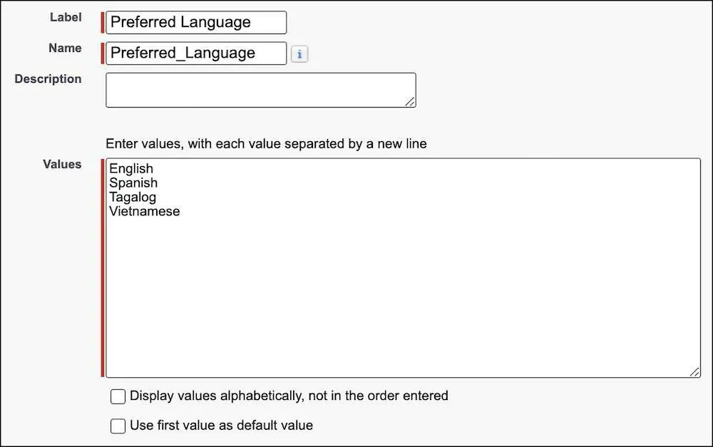 The picklist value set interface