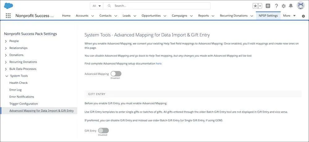 The Advanced Mapping for Data Import & Gift Entry page