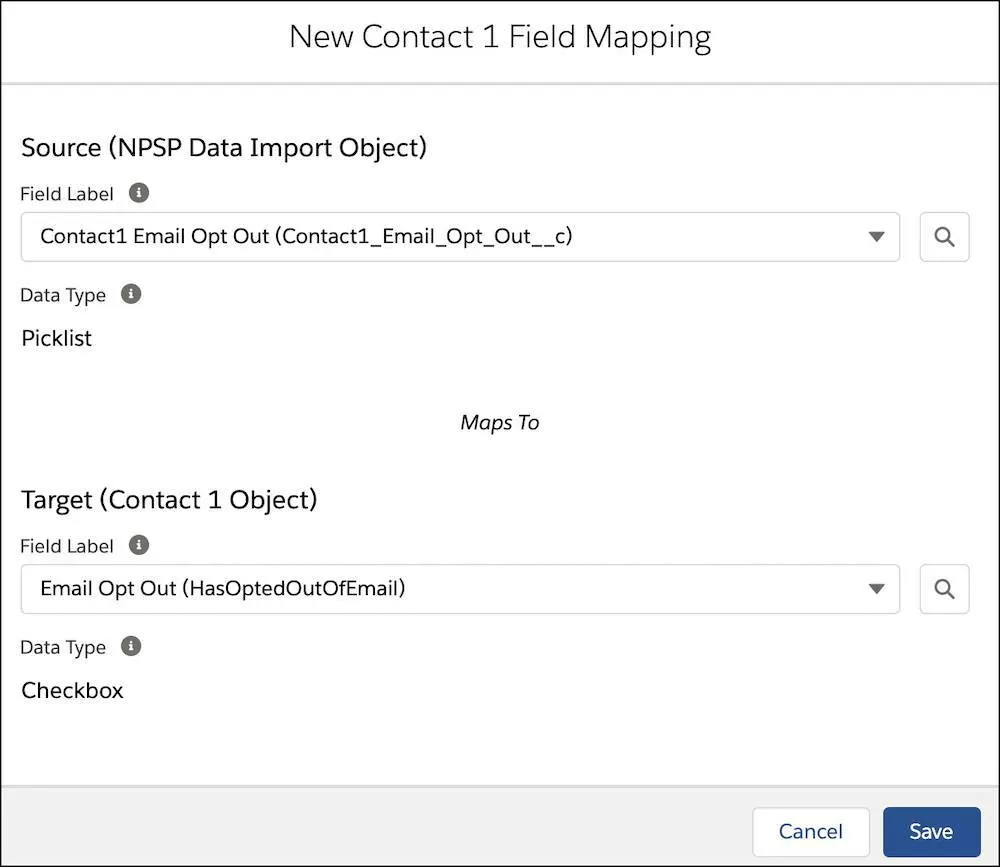 The New Contact 1 Field Mapping setup popup for email opt-out