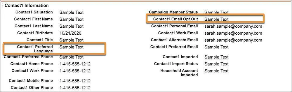 Les nouveaux champs de la zone Contact1 Information (Informations sur le Contact1)