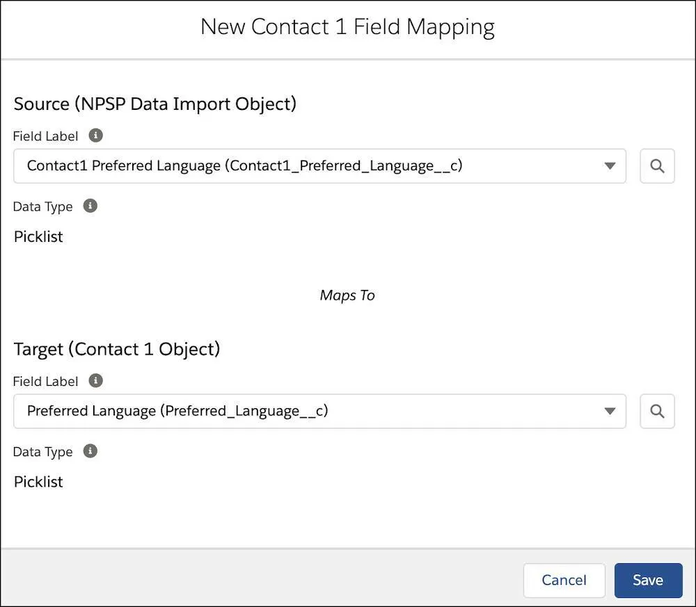 La fenêtre contextuelle de configuration New Contact 1 Field Mapping (Nouveau mappage de champs de Contact 1) pour le champ Preferred Language (Langue préférée)