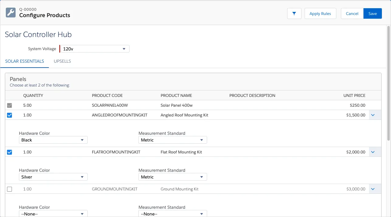 Product Configuration of a Solar Controller Hub bundle with multiple configuration attributes visible