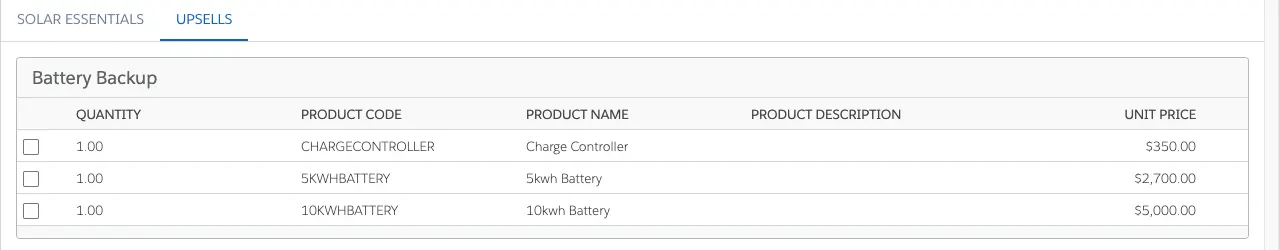 Product Configuration page showing Battery Backup feature