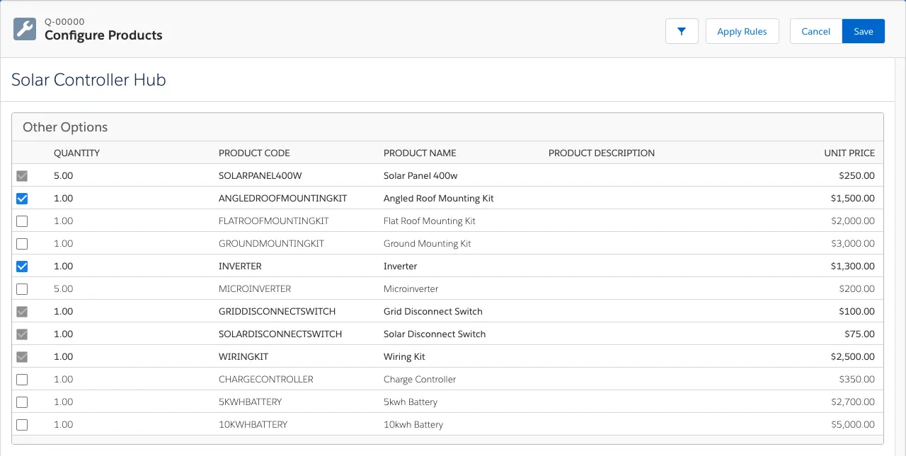 Product Configuration of a Solar Controller Hub bundle with twelve options