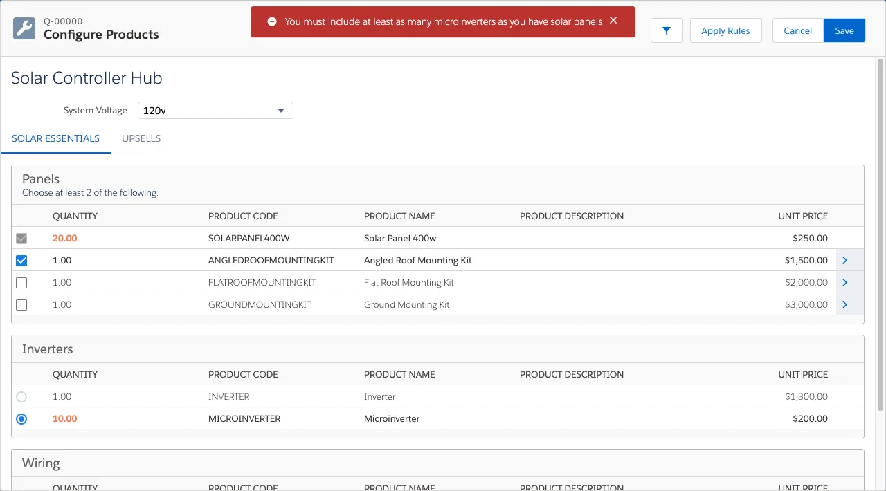 Product Configuration of a Solar Controller Hub bundle with an error message at the top