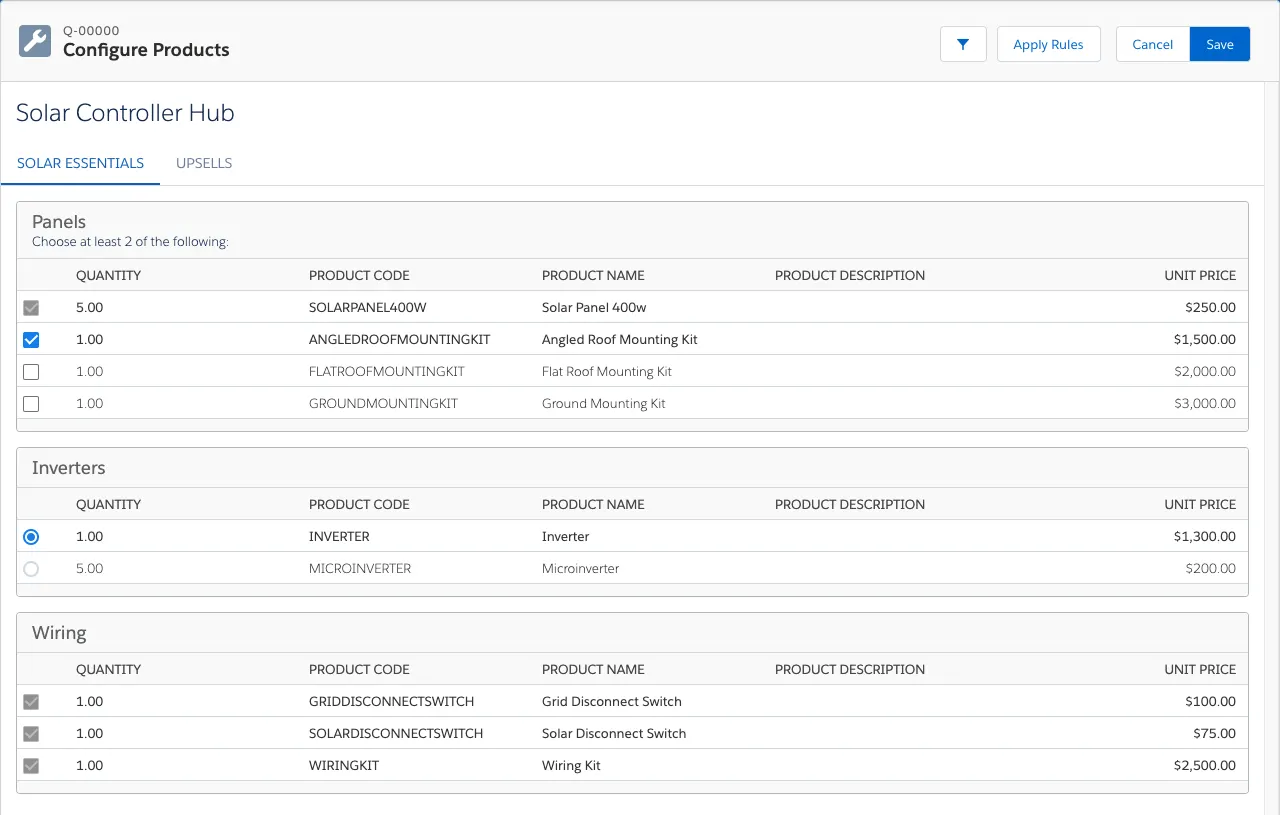 Product Configuration of a Solar Controller Hub bundle with options organized into features