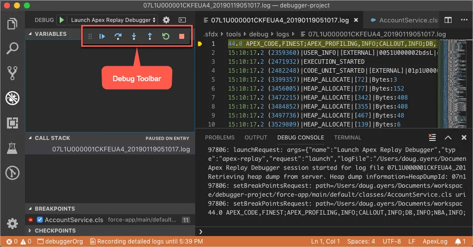 Debugging session started in Visual Studio Code