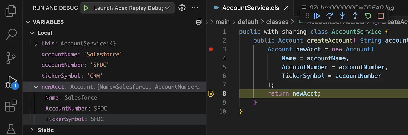 Debug session paused at line in AccountService.cls in Visual Studio Code