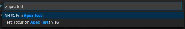 Command Palette filtered to SFDX: Run Apex Tests command
