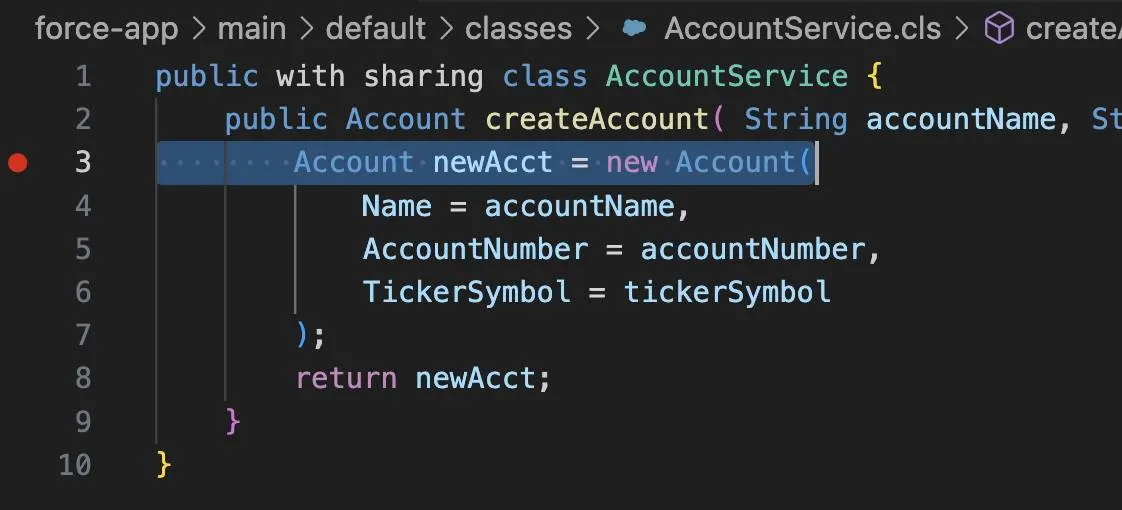 Breakpoint set on line in AccountService.cls in Visual Studio Code