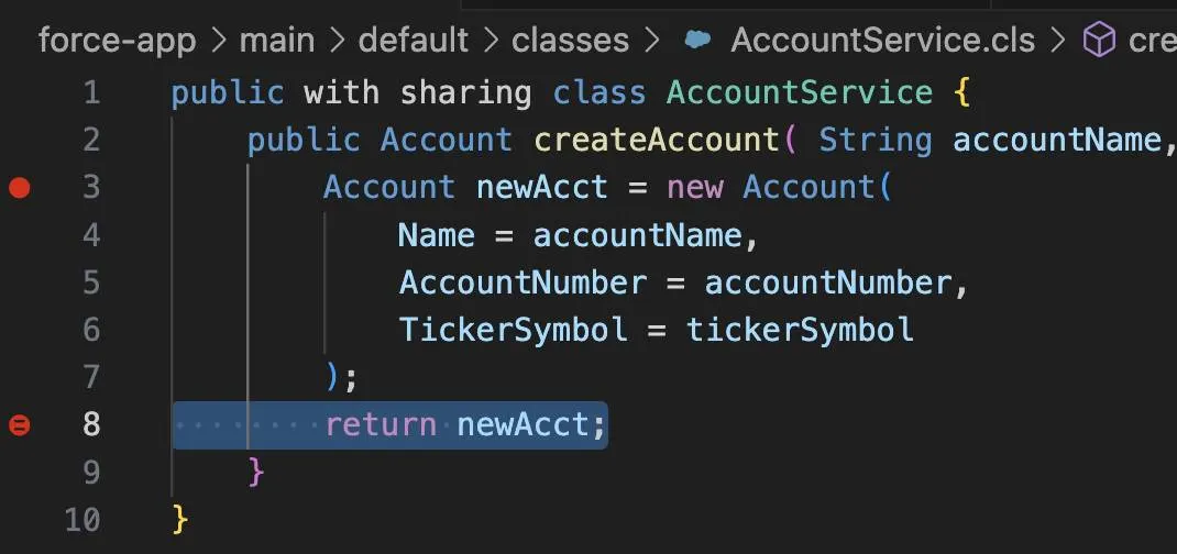 Checkpoint set on line in AccountService.cls in Visual Studio Code