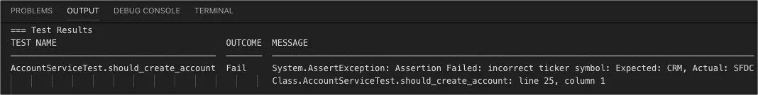 Apex test result displaying failure message in Visual Studio Code