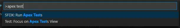 Command Palette filtered to SFDX: Run Apex Tests command