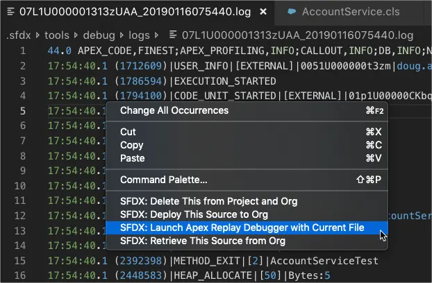 Launching Apex Replay Debugger from a debug log opened in Visual Studio Code