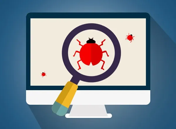 Searching for software bugs represented by a magnifying glass over a ladybug