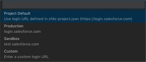 Login URL options for authorizing an org in Visual Studio Code