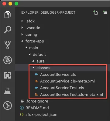 Visual Studio Code showing files in the force-app/main/default/classes folder