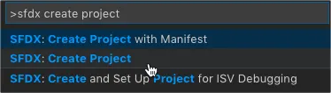 Command Palette filtered to SFDX: Create Project command